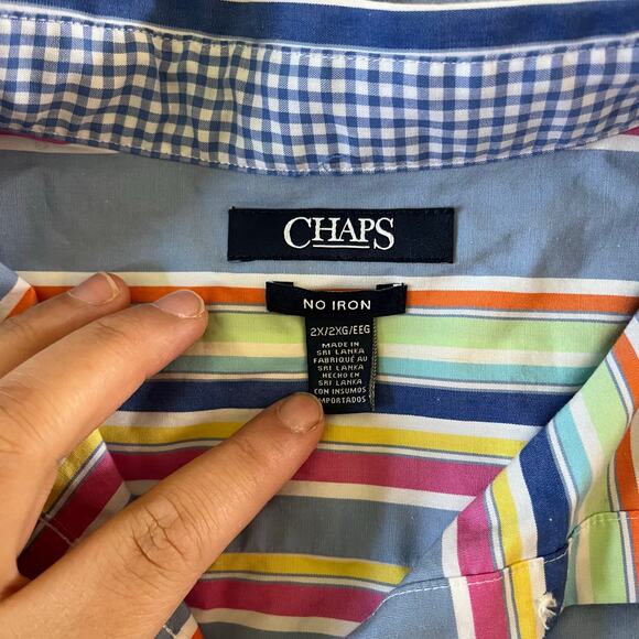 Chaps Blue Rainbow Stripe No Iron Button Up Top Plus Sz 2X Preppy Casual - Picture 6 of 7